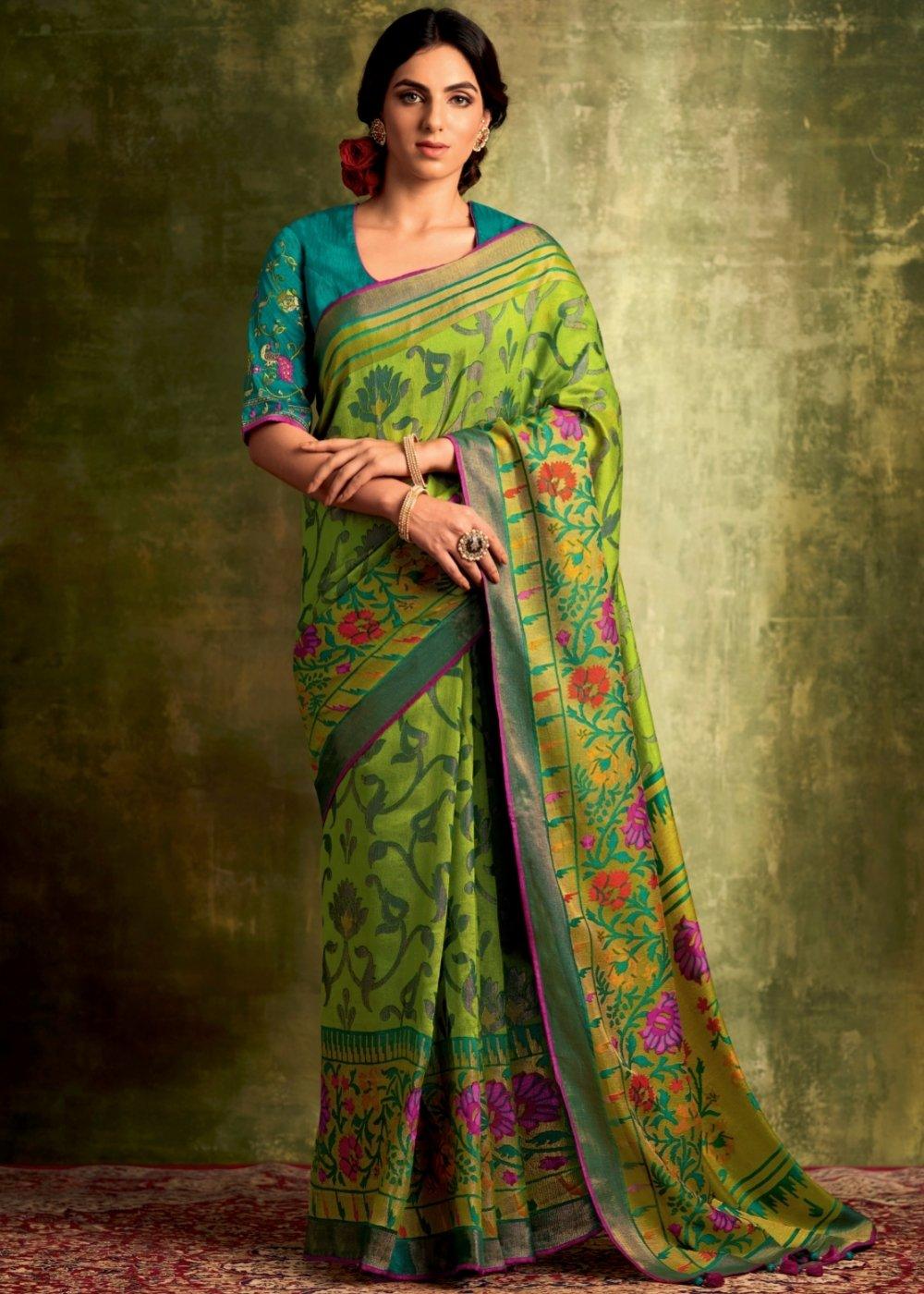 Slime Green Designer Soft Brasso Silk Saree | Stitched Blouse - qivii