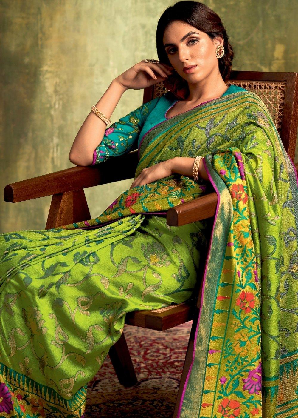 Slime Green Designer Soft Brasso Silk Saree | Stitched Blouse - qivii