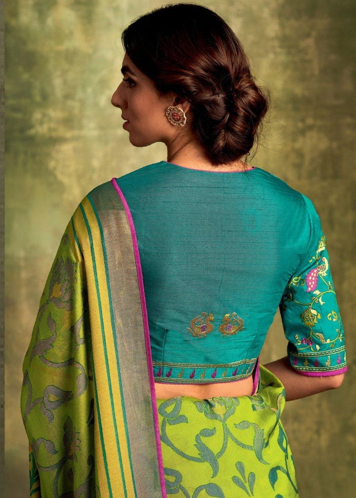 Slime Green Designer Soft Brasso Silk Saree | Stitched Blouse - qivii