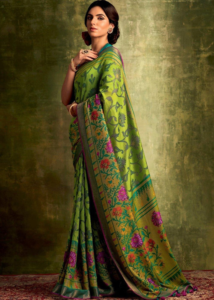 Slime Green Designer Soft Brasso Silk Saree | Stitched Blouse - qivii