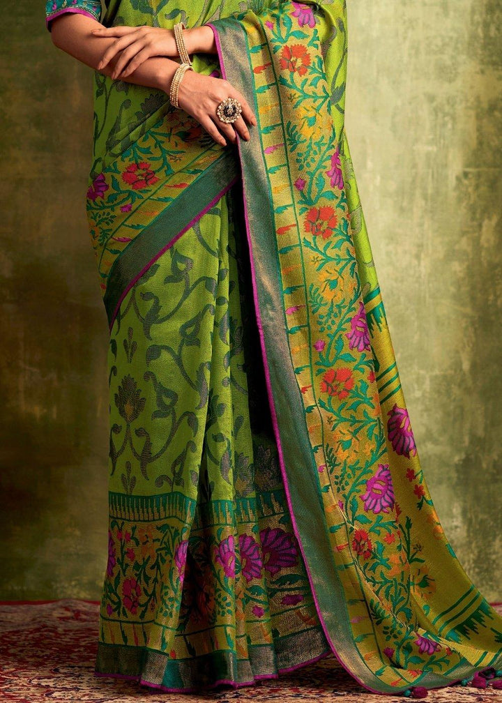 Slime Green Designer Soft Brasso Silk Saree | Stitched Blouse - qivii