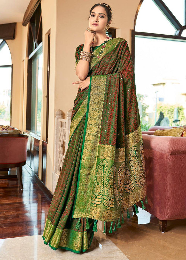 Slimy Green Woven Two Tone Soft Silk Saree | Stitched Blouse - qivii