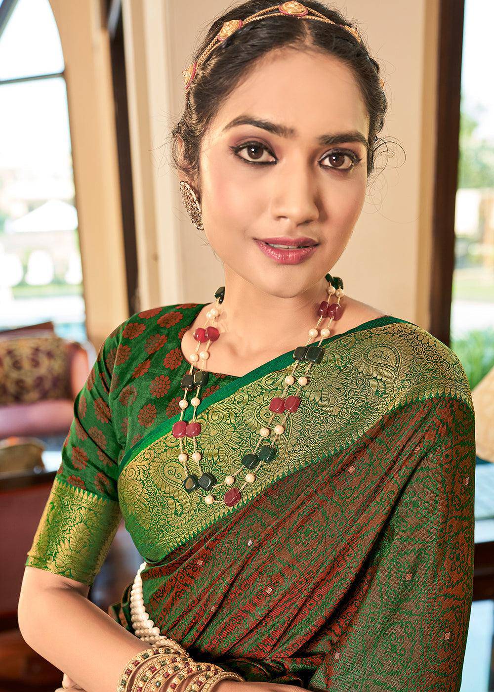 Slimy Green Woven Two Tone Soft Silk Saree | Stitched Blouse - qivii