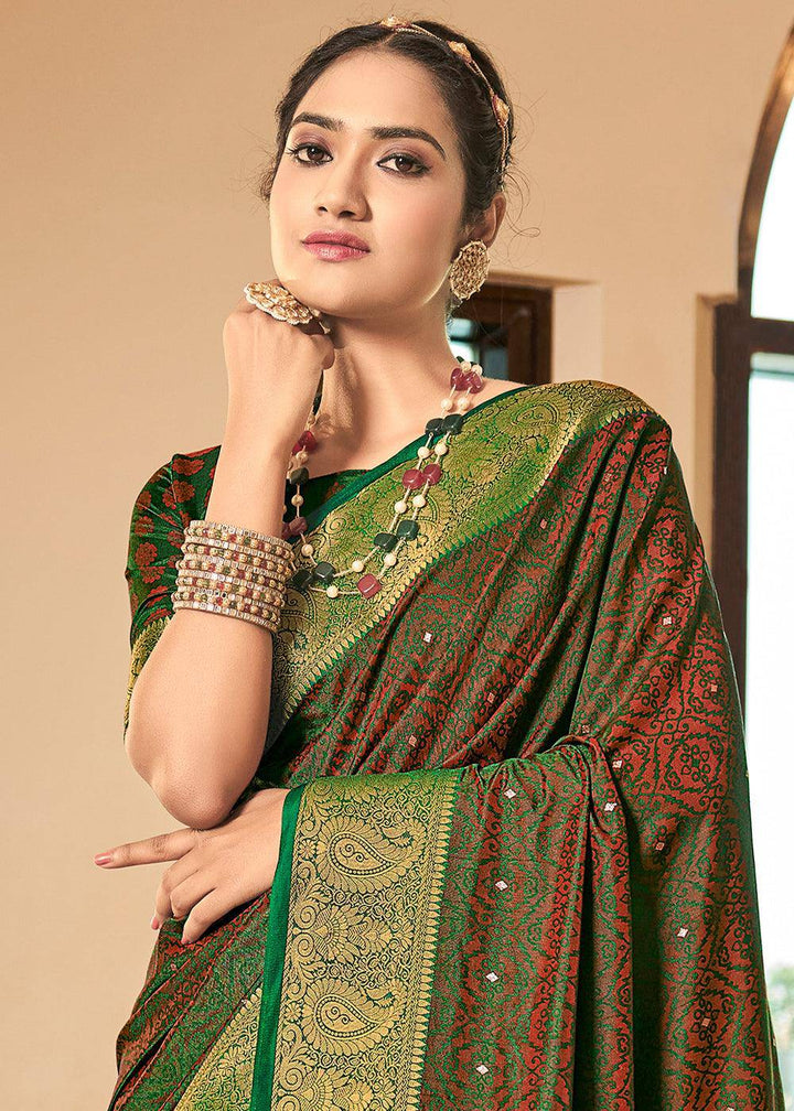 Slimy Green Woven Two Tone Soft Silk Saree | Stitched Blouse - qivii