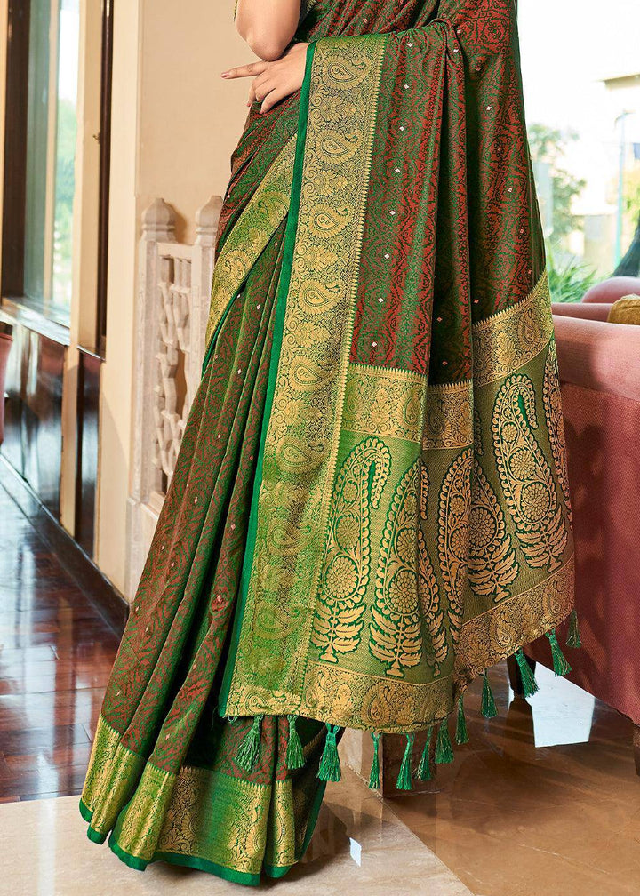 Slimy Green Woven Two Tone Soft Silk Saree | Stitched Blouse - qivii