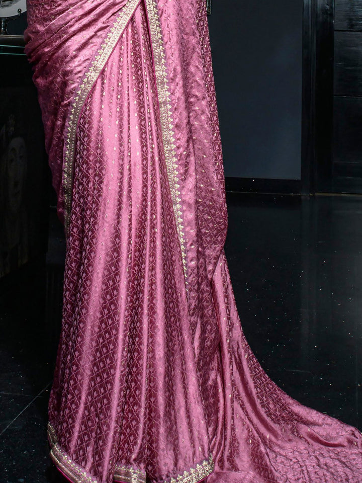 Stunning Pink Zari Weaving Satin Party Wear Saree With Blouse