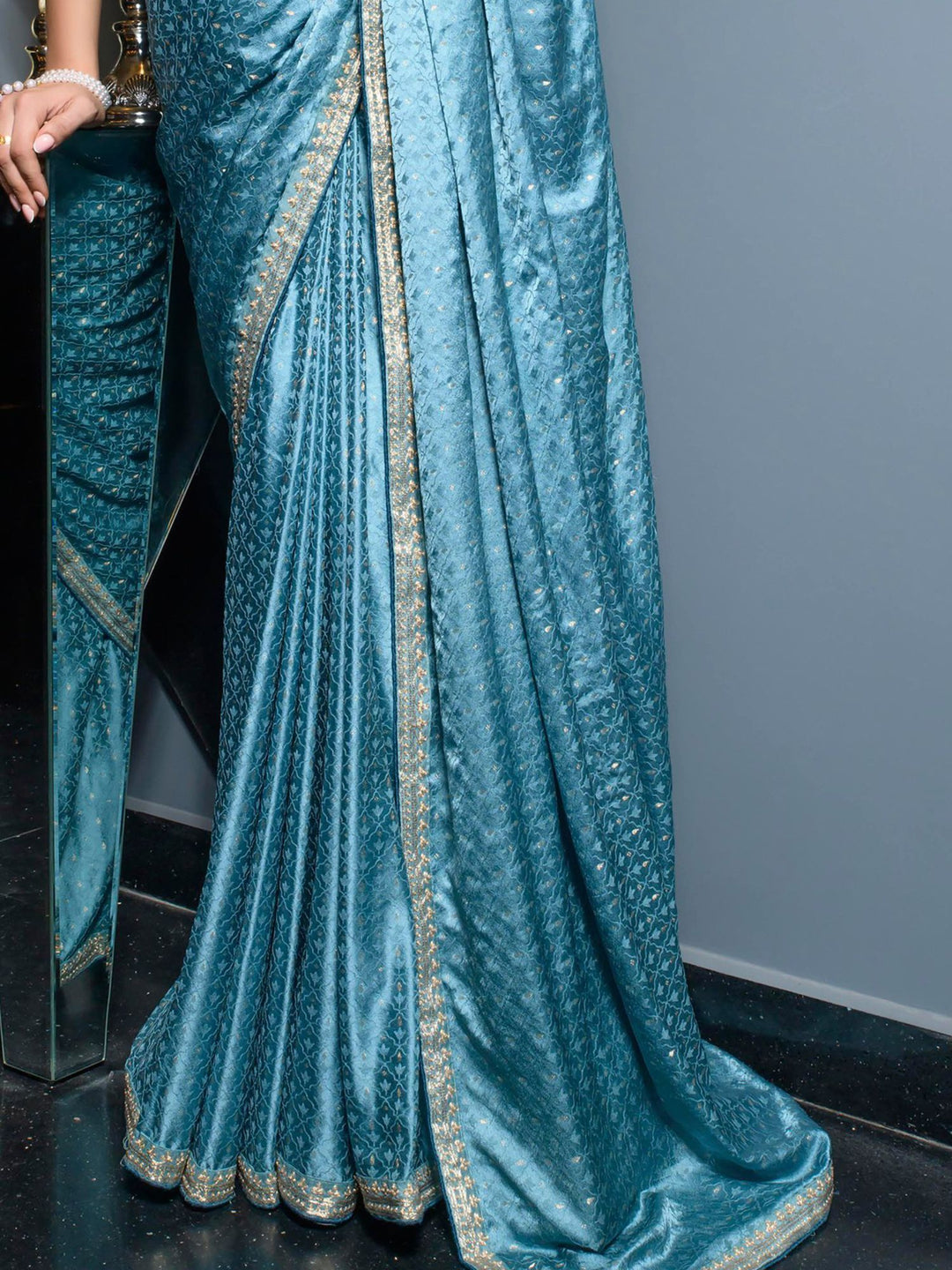 Gorgeous Sky-Blue Zari Weaving Satin Designer Saree With Blouse