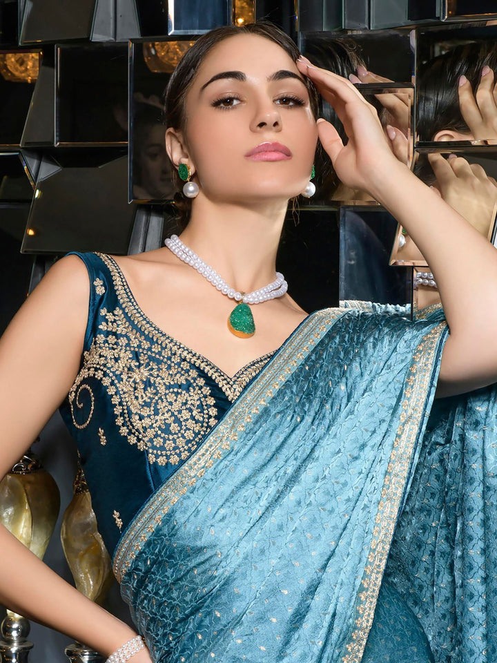 Gorgeous Sky-Blue Zari Weaving Satin Designer Saree With Blouse