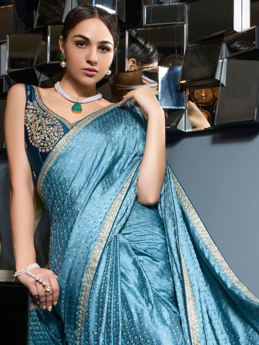 Gorgeous Sky-Blue Zari Weaving Satin Designer Saree With Blouse