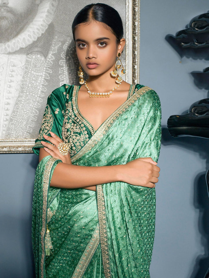 Enchanting Sea-Green Zari Weaving Satin Event Wear Saree With Blouse