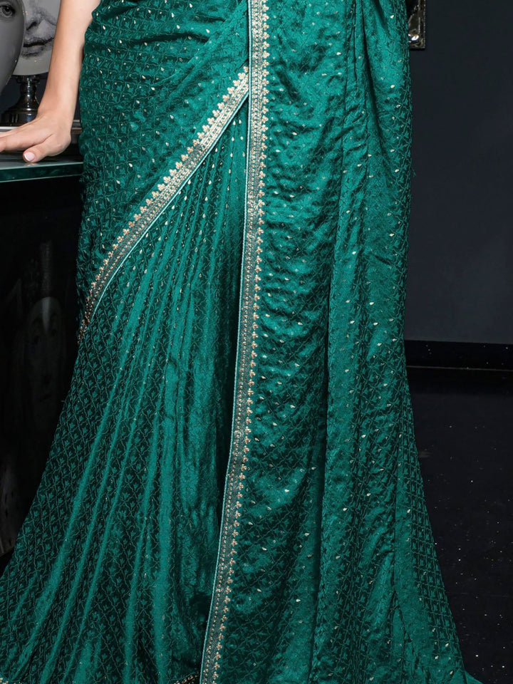 Glamorous Teal-Green Zari Weaving Satin Function Wear Saree