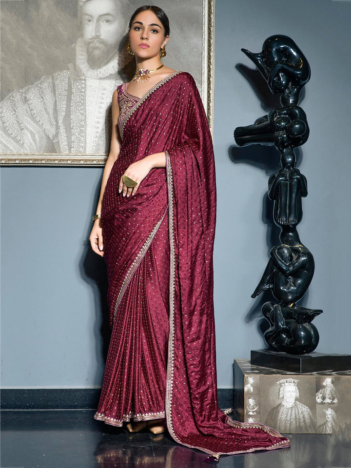 Charming Maroon Zari Weaving Satin Wedding Wear Saree With Blouse