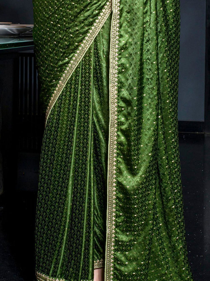 Beautiful Green Zari Weaving Satin Mehendi Wear Saree With Blouse