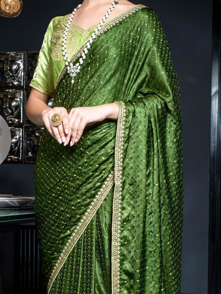 Beautiful Green Zari Weaving Satin Mehendi Wear Saree With Blouse