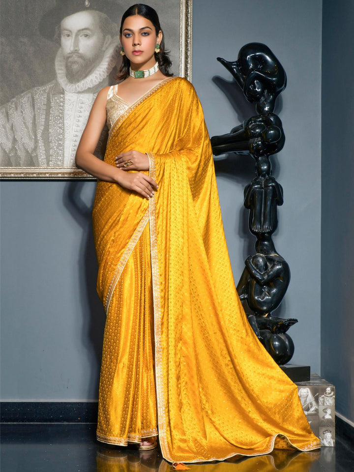 Attractive Yellow Zari Weaving Satin Haldi Wear Saree With Blouse