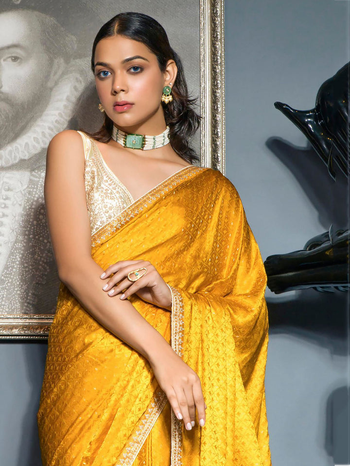 Attractive Yellow Zari Weaving Satin Haldi Wear Saree With Blouse