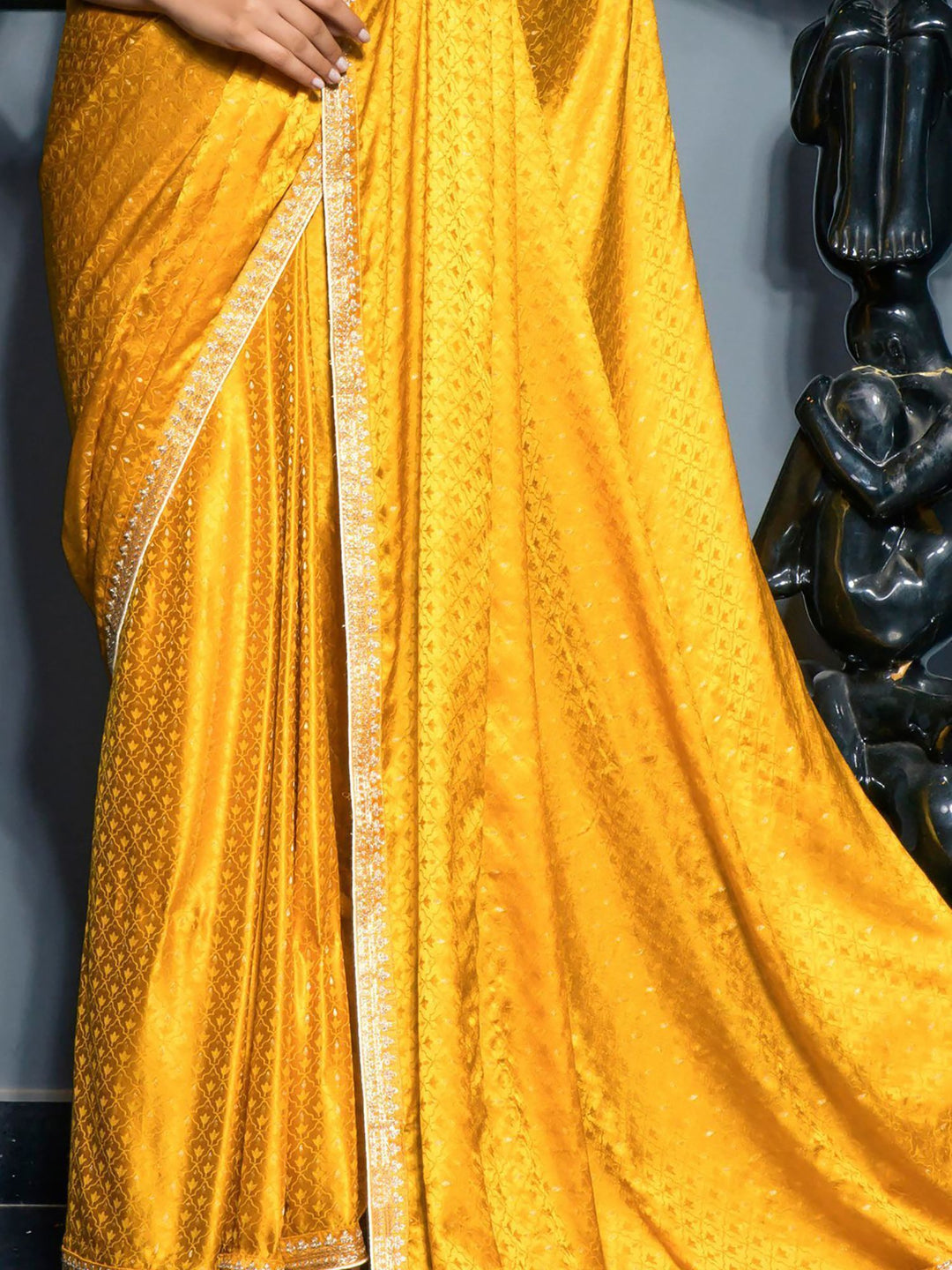 Attractive Yellow Zari Weaving Satin Haldi Wear Saree With Blouse