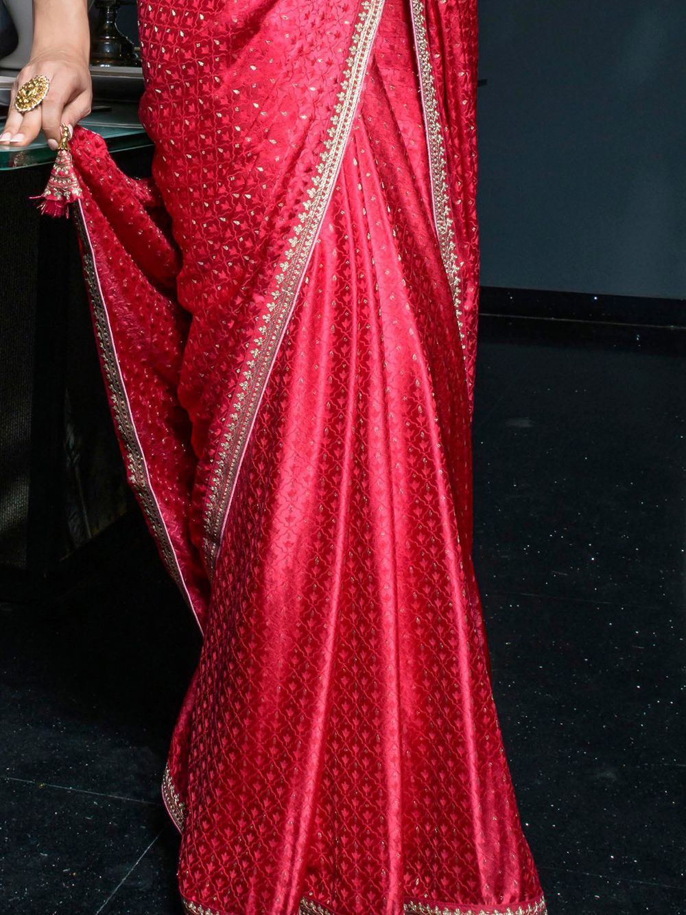 Glamorous Coral Red Zari Weaving Satin Wedding Saree With Blouse