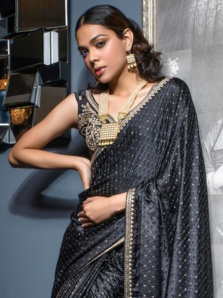 Fascinating Black Zari Weaving Satin Reception Wear Saree With Blouse