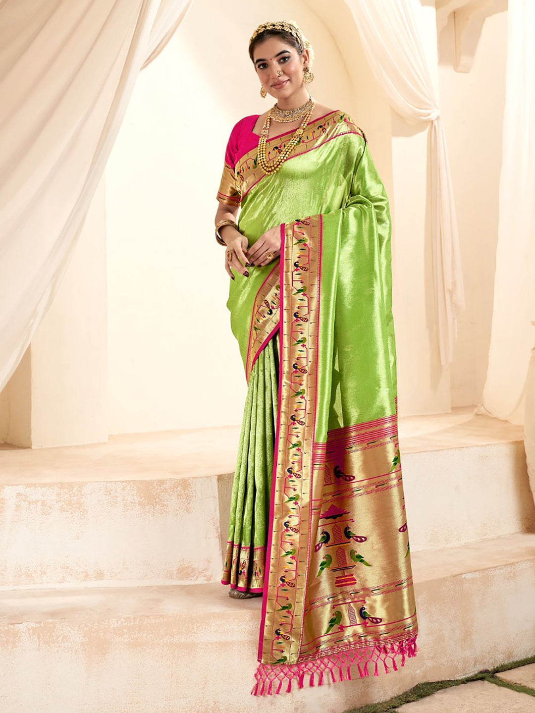 Lime Green Jacquard Wedding Wear Paithani Silk Saree