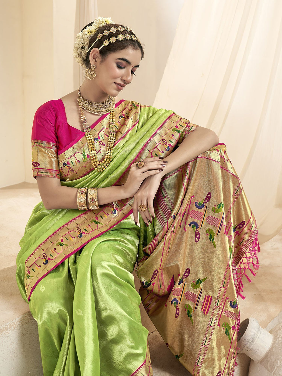 Lime Green Jacquard Wedding Wear Paithani Silk Saree