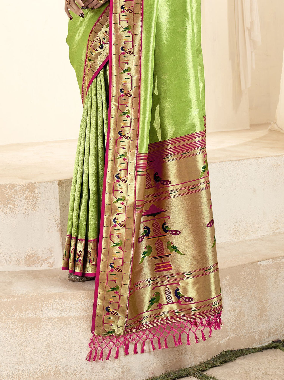 Lime Green Jacquard Wedding Wear Paithani Silk Saree