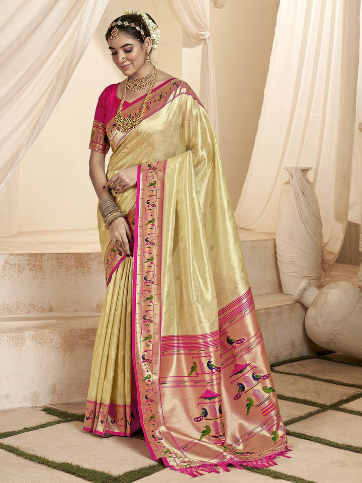 Beige Jacquard Wedding Wear Paithani Silk Saree