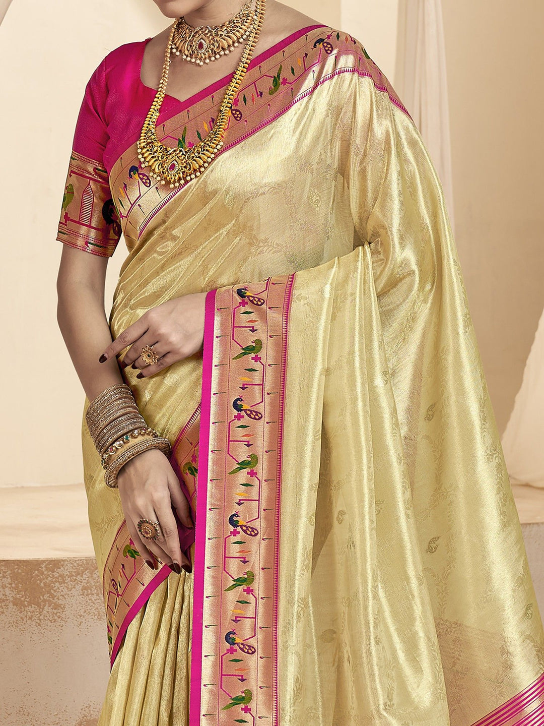 Beige Jacquard Wedding Wear Paithani Silk Saree