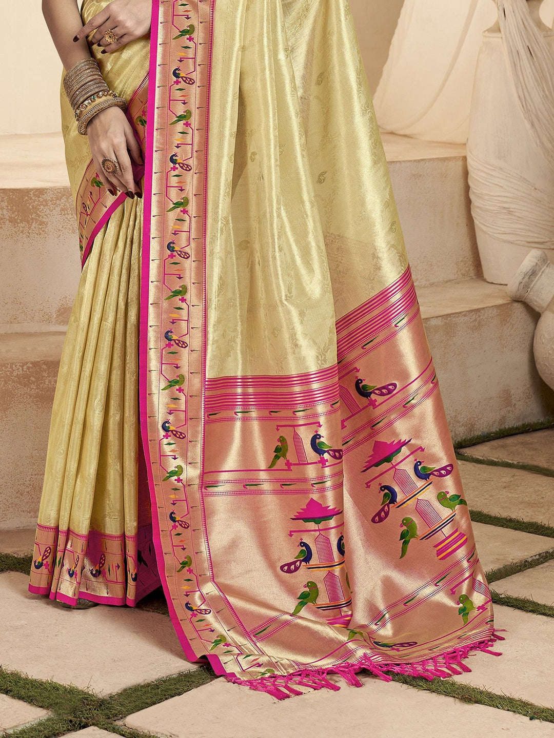 Beige Jacquard Wedding Wear Paithani Silk Saree