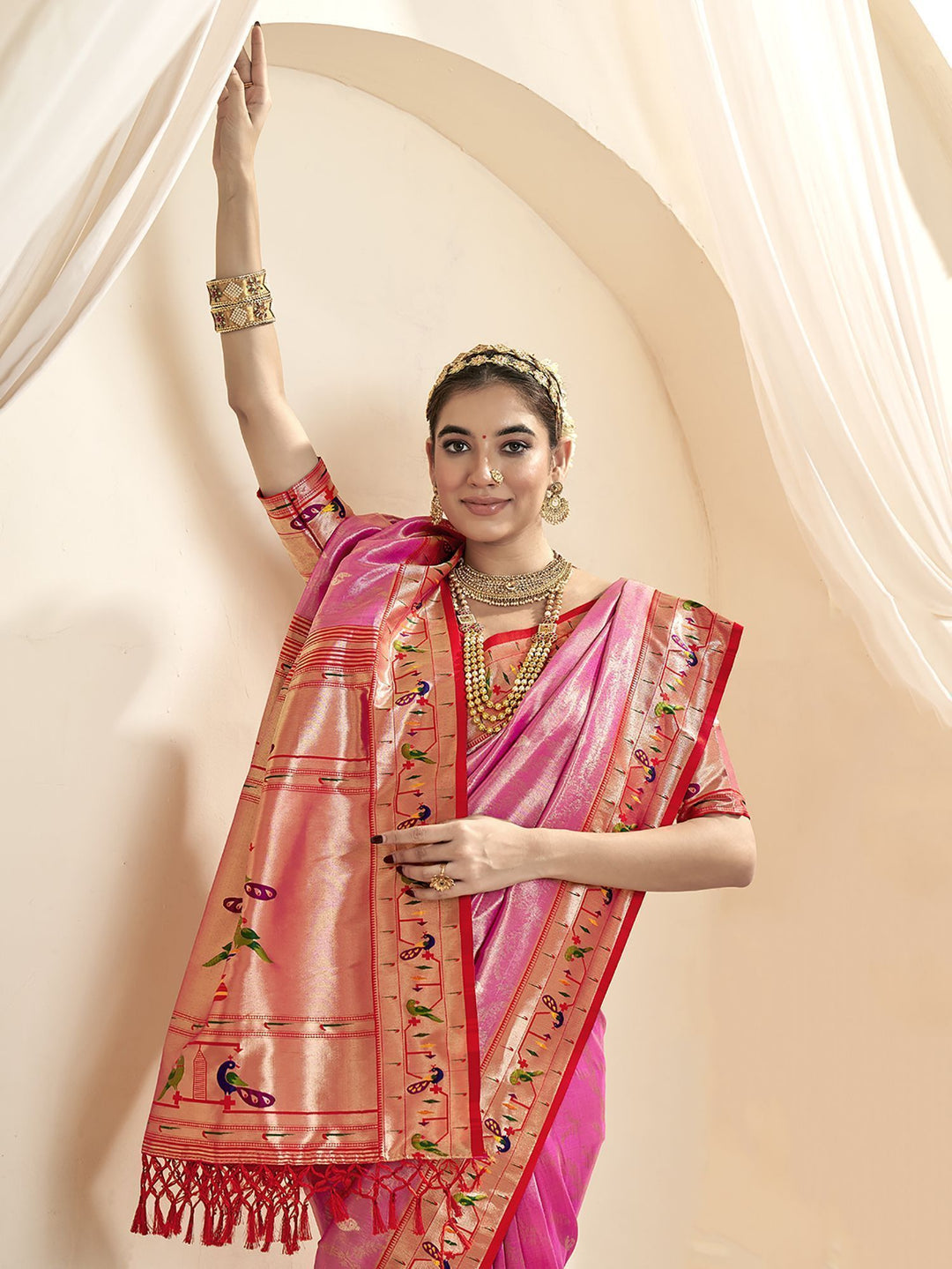 Pink Jacquard Wedding Wear Paithani Silk Saree