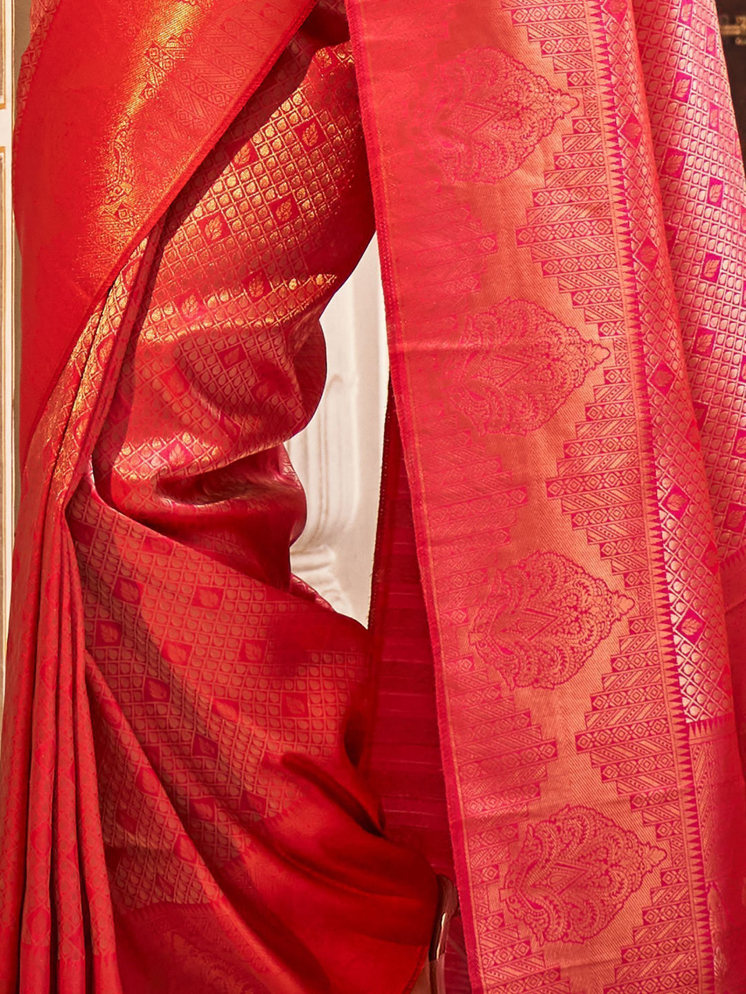 Glamorous Coral Red Zari Weaving Silk Wedding Wear Saree With Blouse