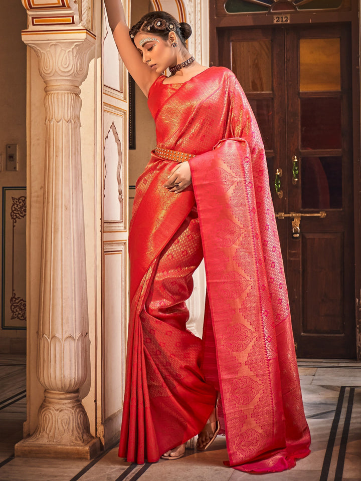 Glamorous Coral Red Zari Weaving Silk Wedding Wear Saree With Blouse