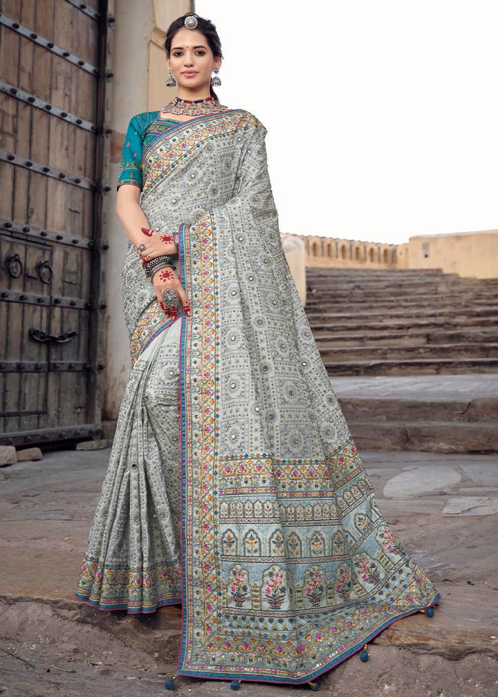 Smoke Grey Banarasi Silk Saree with Mirror, Diamond & Kachhi work | Stitched Blouse - qivii