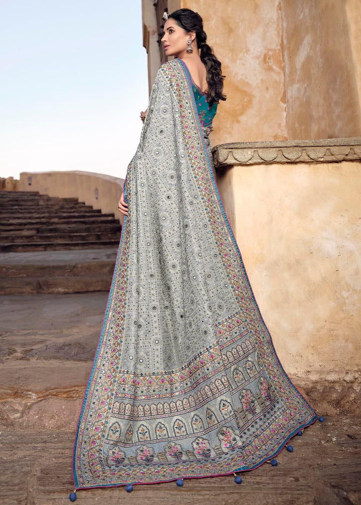 Smoke Grey Banarasi Silk Saree with Mirror, Diamond & Kachhi work | Stitched Blouse - qivii