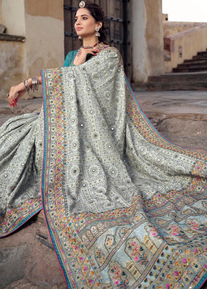 Smoke Grey Banarasi Silk Saree with Mirror, Diamond & Kachhi work | Stitched Blouse - qivii