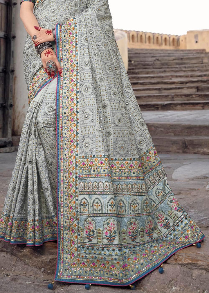 Smoke Grey Banarasi Silk Saree with Mirror, Diamond & Kachhi work | Stitched Blouse - qivii