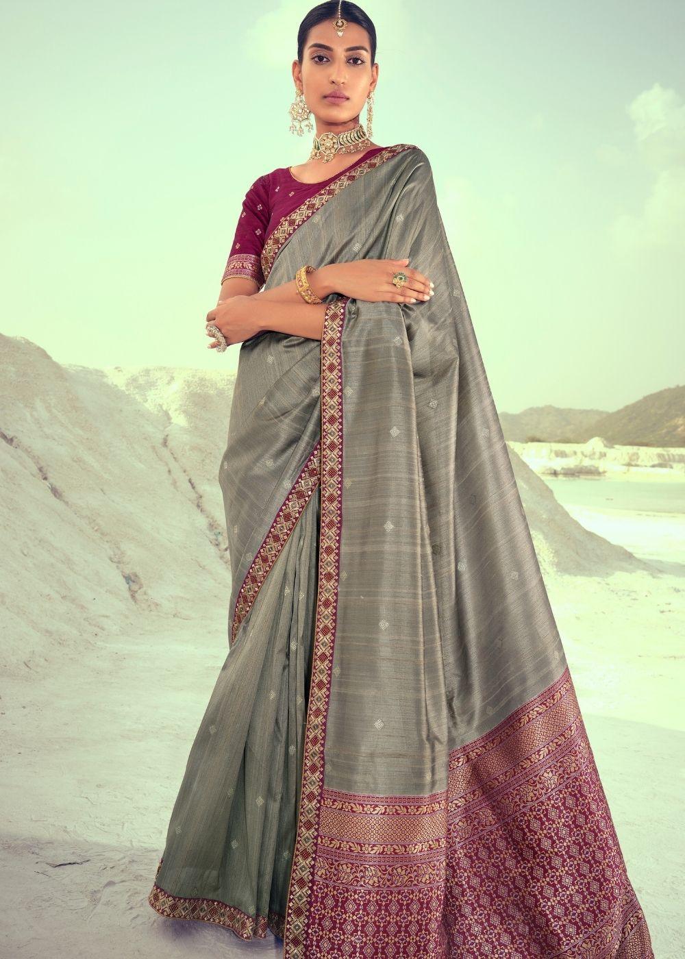 Smoke Grey Woven Banarasi Silk Saree with Embroidered Border & Swarovski work | Stitched Blouse - qivii