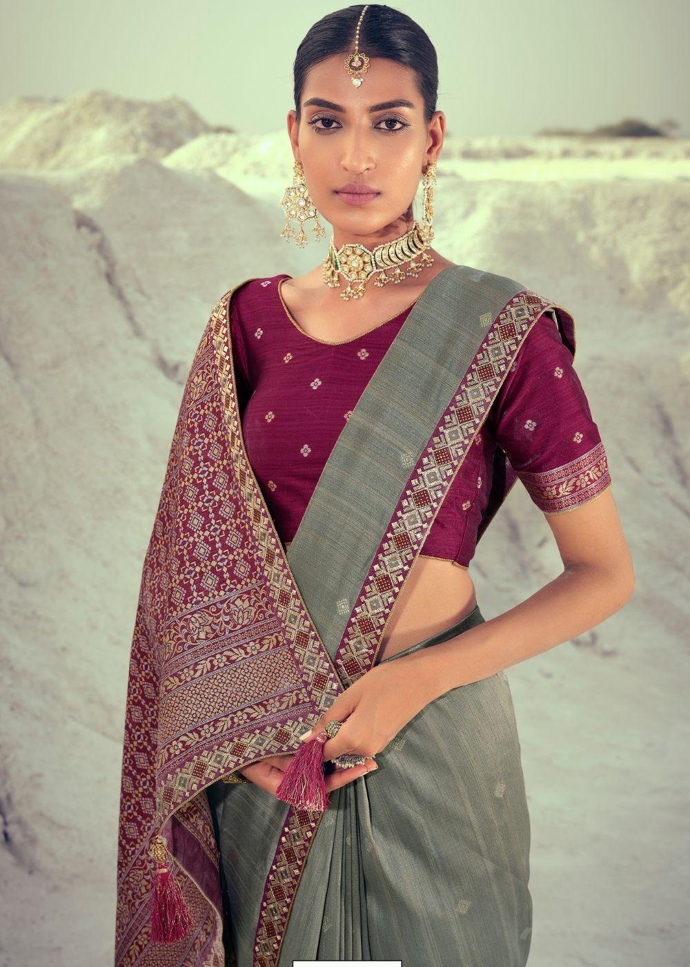 Smoke Grey Woven Banarasi Silk Saree with Embroidered Border & Swarovski work | Stitched Blouse - qivii