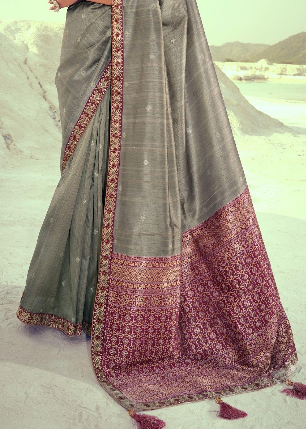 Smoke Grey Woven Banarasi Silk Saree with Embroidered Border & Swarovski work | Stitched Blouse - qivii