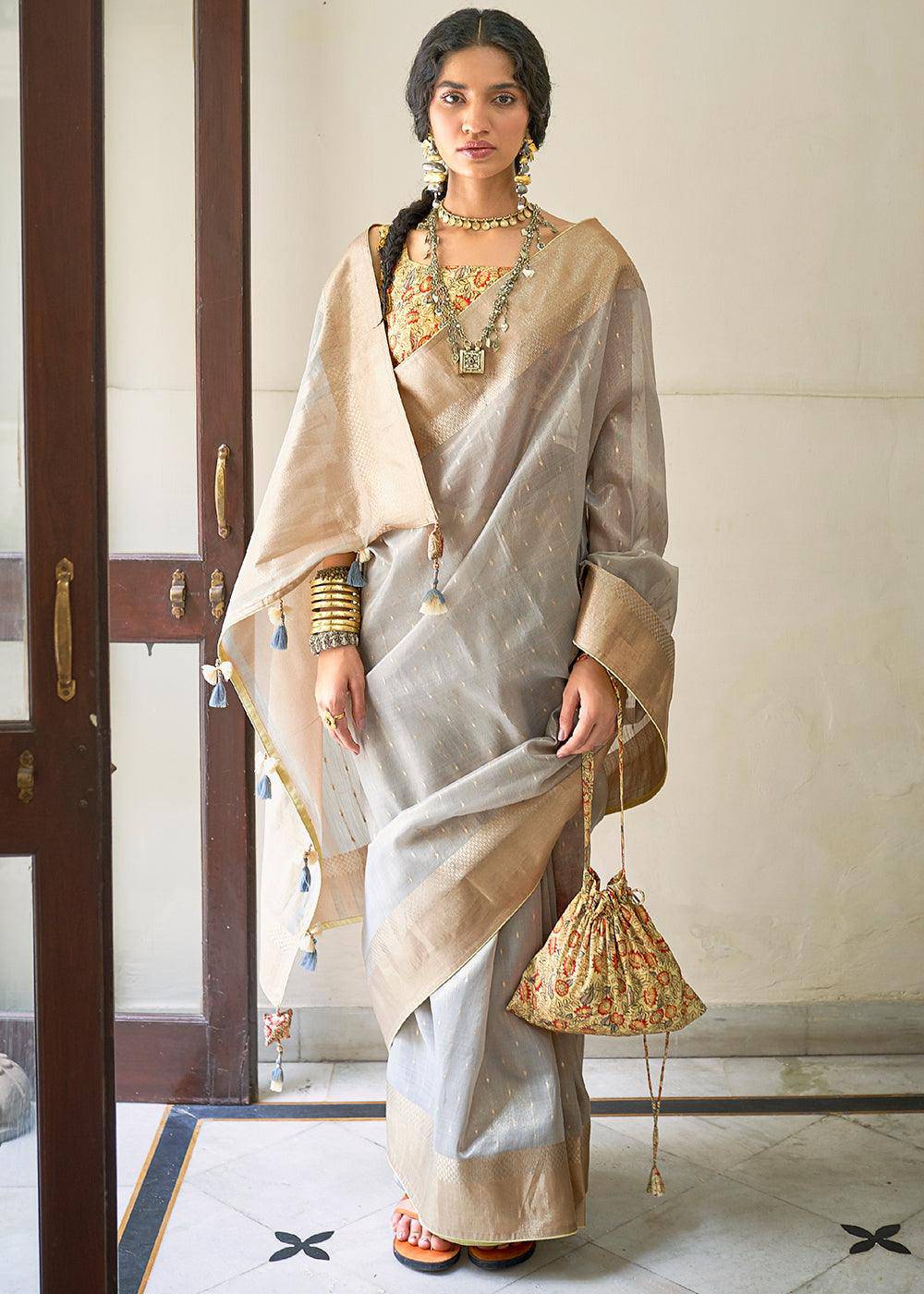 Smoke Grey Zari Weaving Tissue Silk Saree with kalamkari Print Blouse | Stitched Blouse - qivii