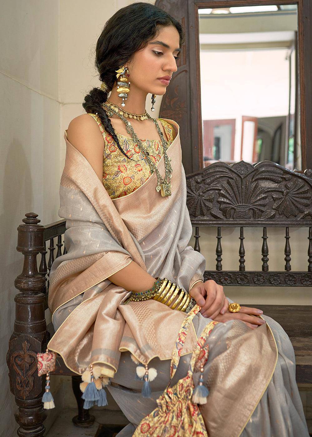 Smoke Grey Zari Weaving Tissue Silk Saree with kalamkari Print Blouse | Stitched Blouse - qivii