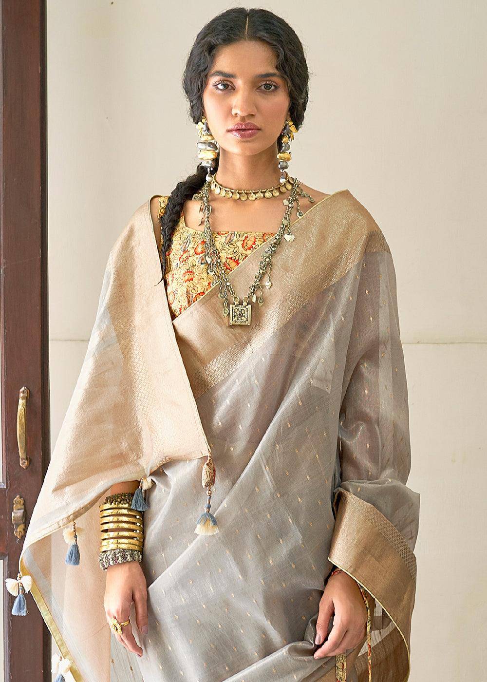 Smoke Grey Zari Weaving Tissue Silk Saree with kalamkari Print Blouse | Stitched Blouse - qivii