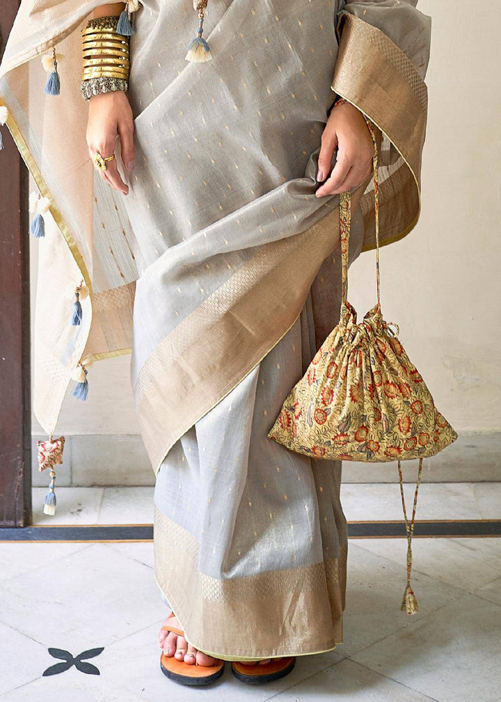 Smoke Grey Zari Weaving Tissue Silk Saree with kalamkari Print Blouse | Stitched Blouse - qivii