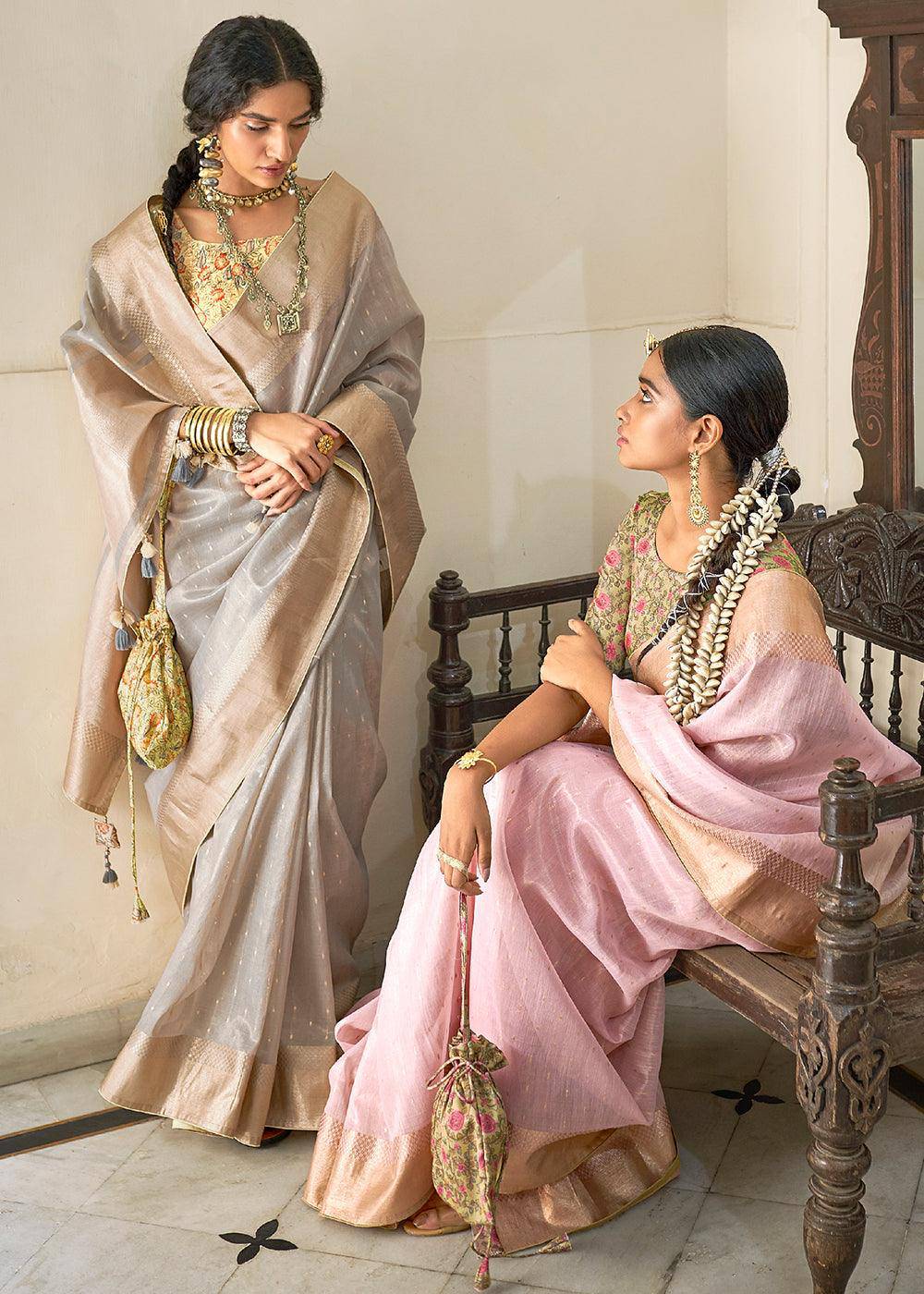 Smoke Grey Zari Weaving Tissue Silk Saree with kalamkari Print Blouse | Stitched Blouse - qivii