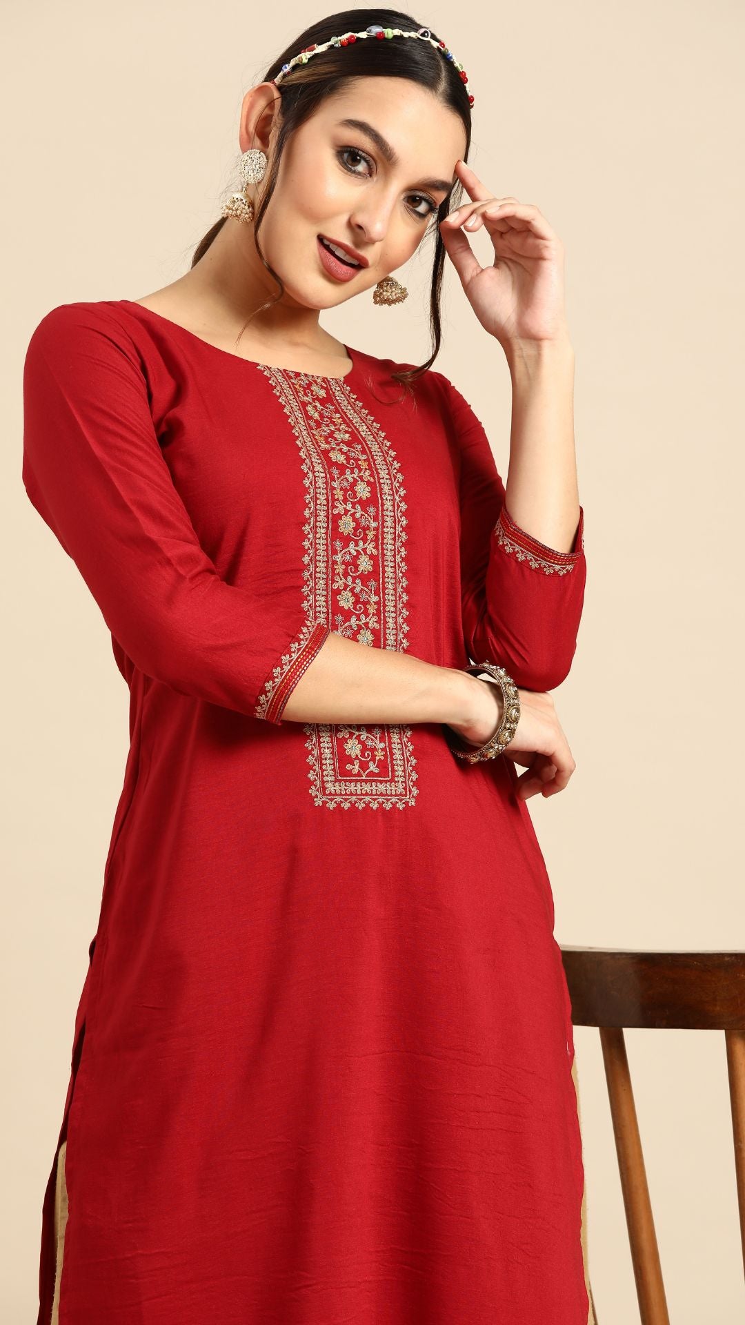 MAROON PRINT PATTERN CHINON EMBROIDERED KURTA