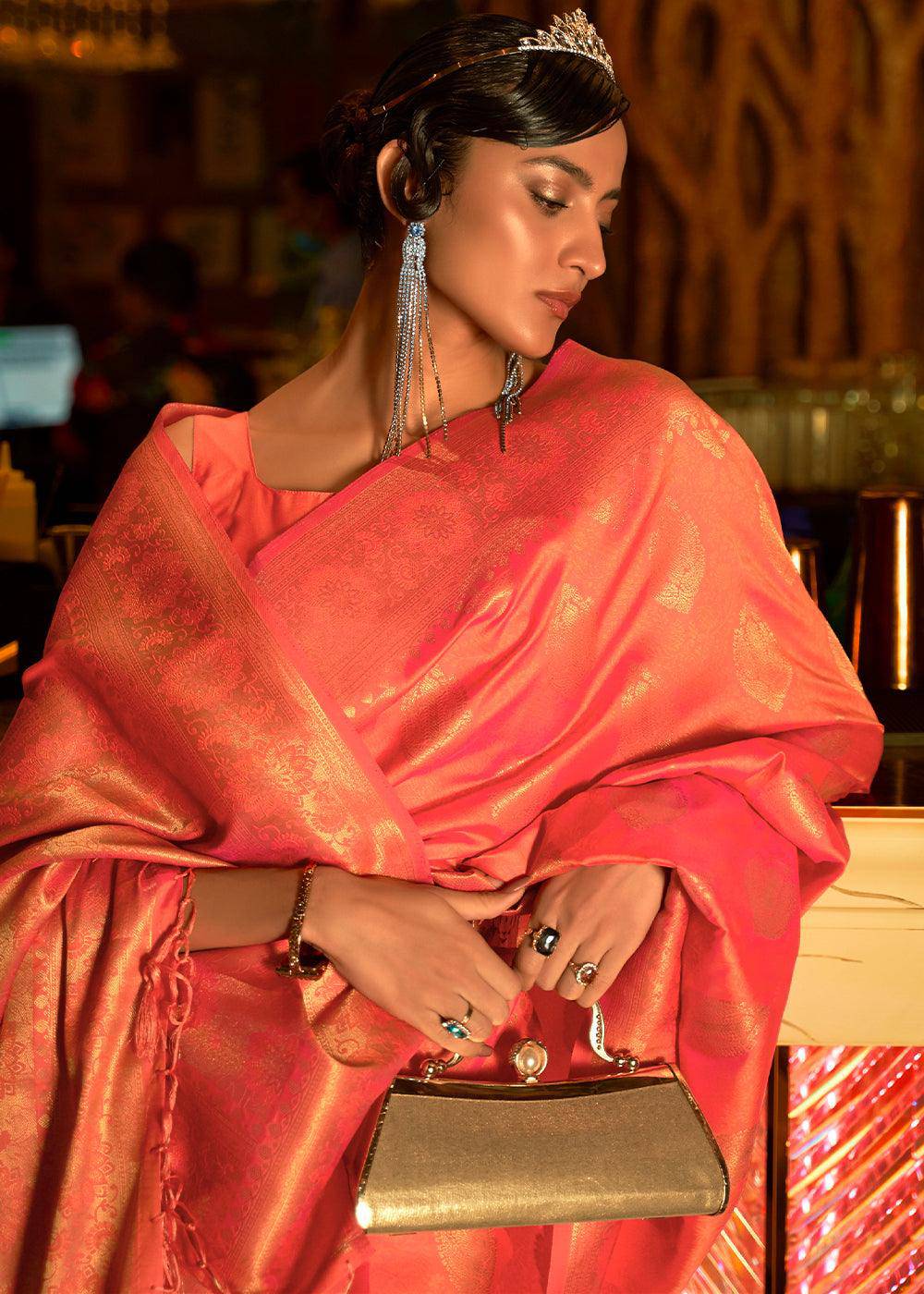 Soda Orange Handloom Woven Banarasi Silk Saree | Stitched Blouse - qivii