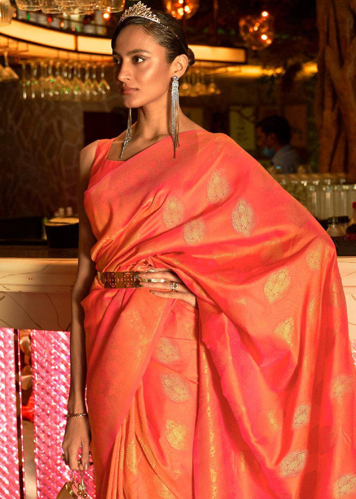 Soda Orange Handloom Woven Banarasi Silk Saree | Stitched Blouse - qivii