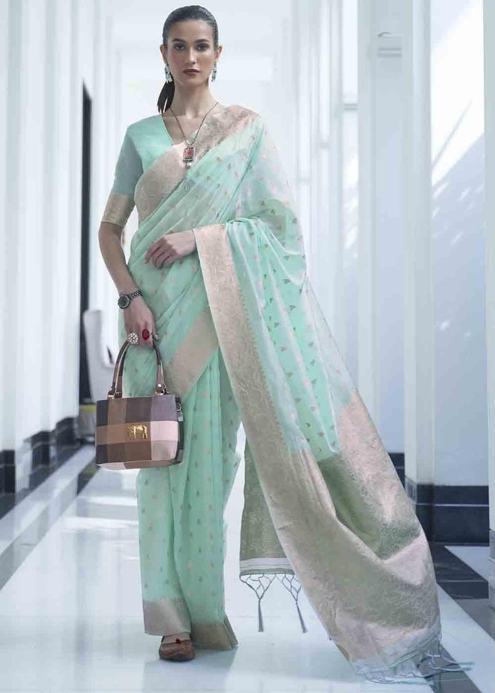 Soft Cyan Blue Woven Designer Silk Saree | Stitched Blouse - qivii