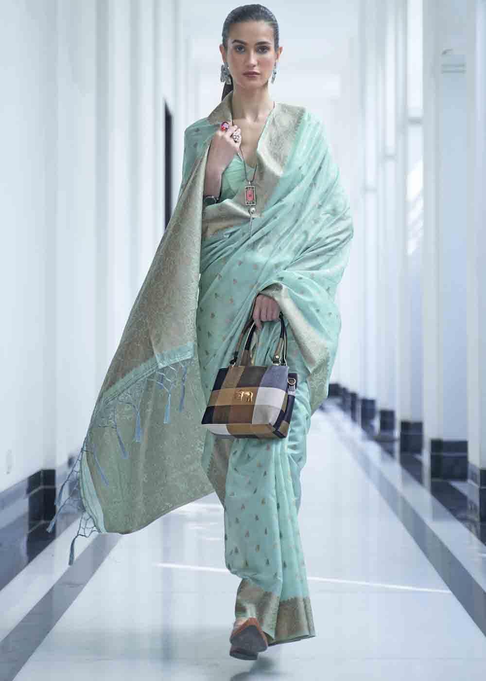 Soft Cyan Blue Woven Designer Silk Saree | Stitched Blouse - qivii