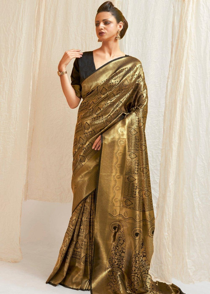 Soot Black & Golden Blend Kanjivaram Silk Saree | Stitched Blouse - qivii